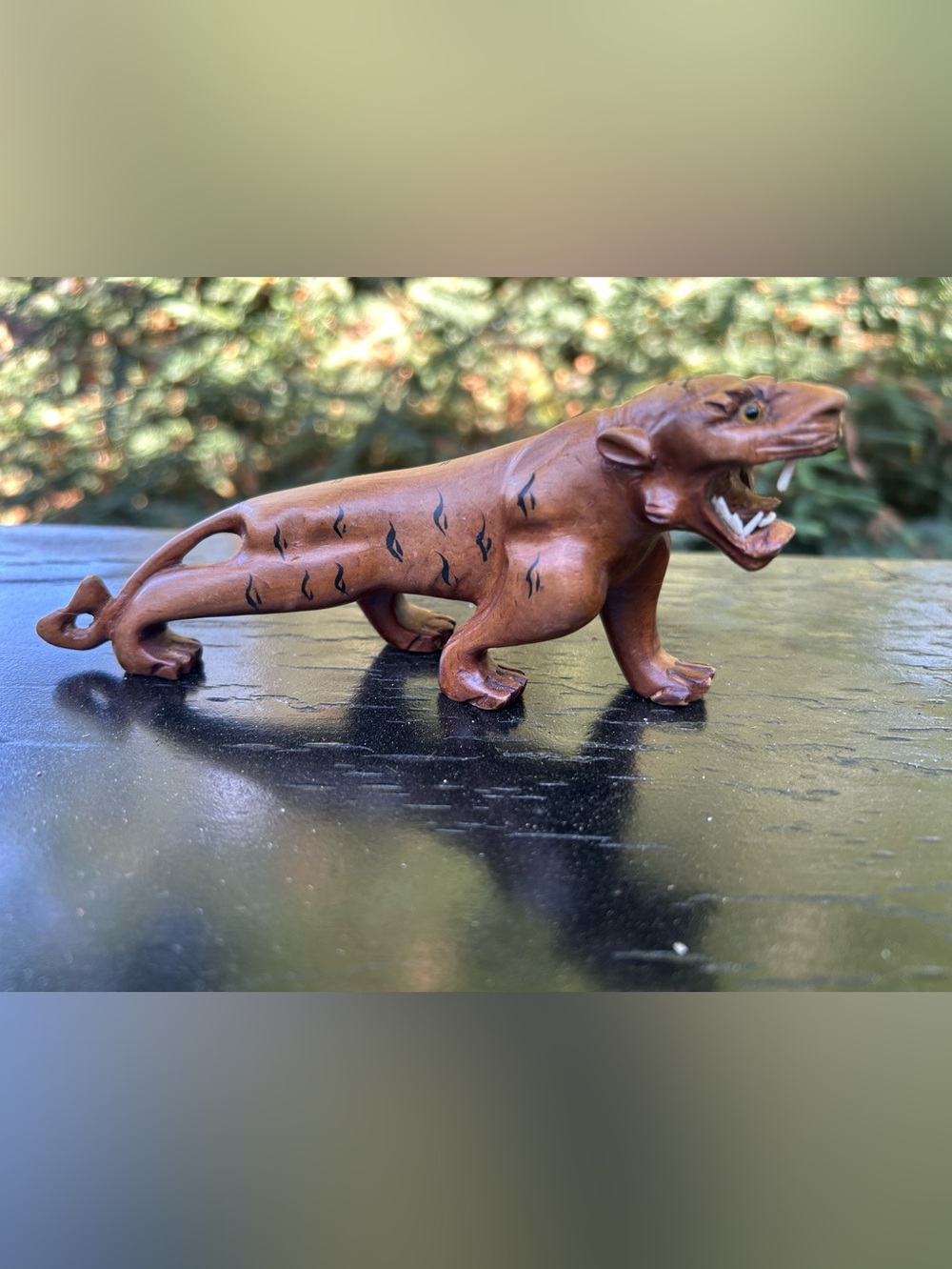 vintage mid-century hand-carved wooden roaring tiger figurine decor